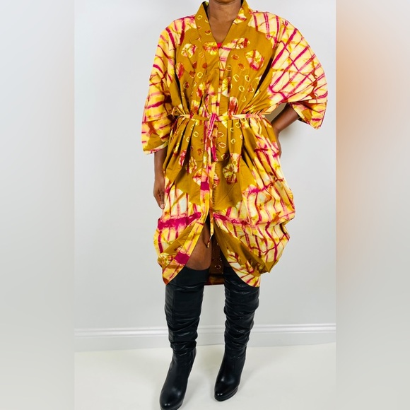 African Print Ankara Tie Dye Multicolor Belted Midi Shirt Cardigan Kimono Dress - Picture 4 of 4